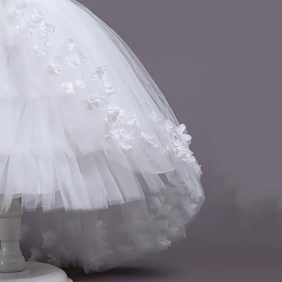 White Tulle Formal Christening Gown 7/8 Floral 3D Applique Satin Bow Flower Girl - Picture 11 of 16